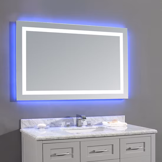 Miroir décoratif de salle de bains éclairé par LED Bluetooth, grossissant réversible suspendu mural avec désembueur